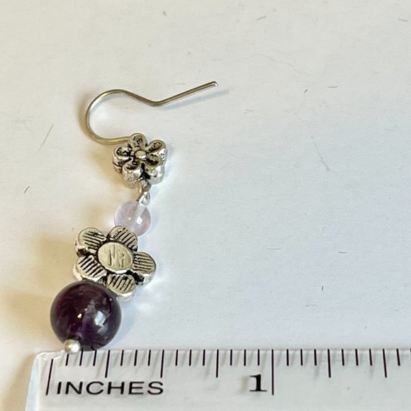Lavender Purple Amethyst Bead Earrings Silver Plated Flower Dangle Semiprecious - Picture 6 of 7